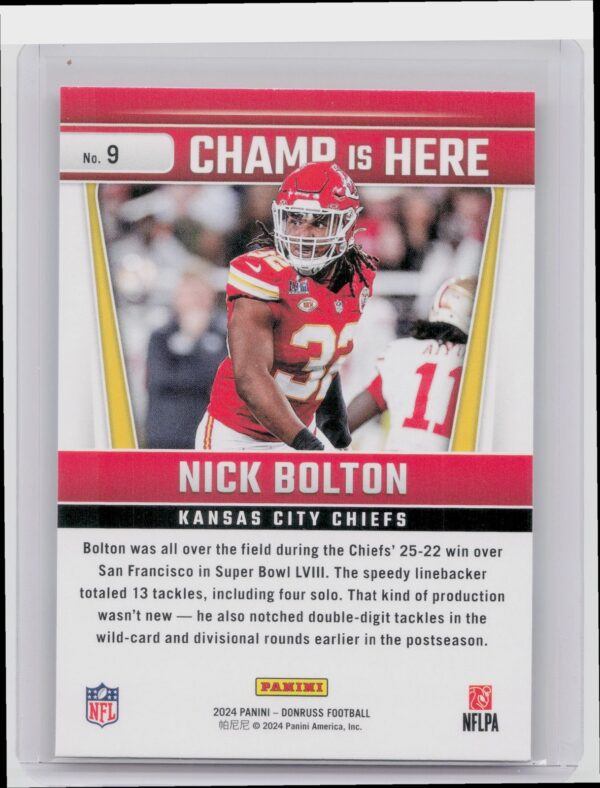 2024 Donruss Nick Bolton 9 Chiefs Champ is Here - Image 3