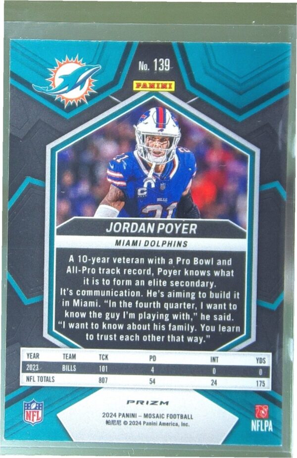 2024 Mosaic Jordan Poyer Mosaic 139 Dolphins - Image 3