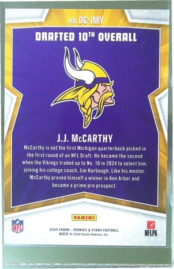 2024 Panini Rookies & Stars J.J. McCarthy RC #DC-JMY Vikings Draft Class - Image 3