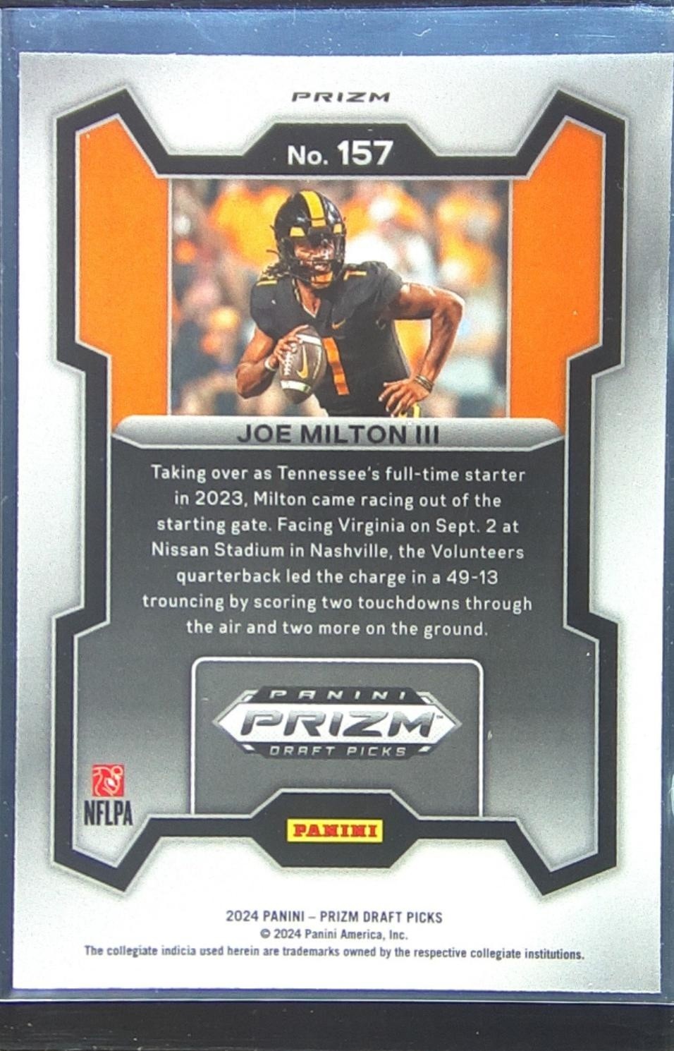2024 Prizm Collegiate Draft Picks Joe Milton III Silver RC 157 Volunteers - Image 3