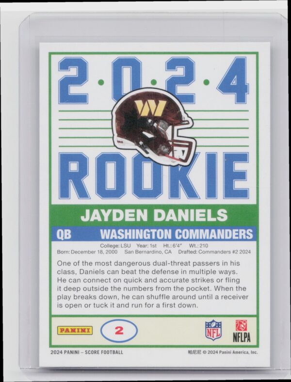 2024 Score Jayden Daniels RC #2 Commanders 35th Anniversary Rookies - Image 3