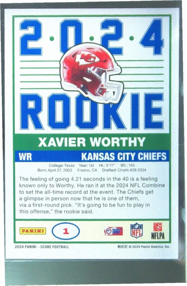 2024 Score Xavier Worthy RC #1 Chiefs 35th Anniversary Rookies - Image 3