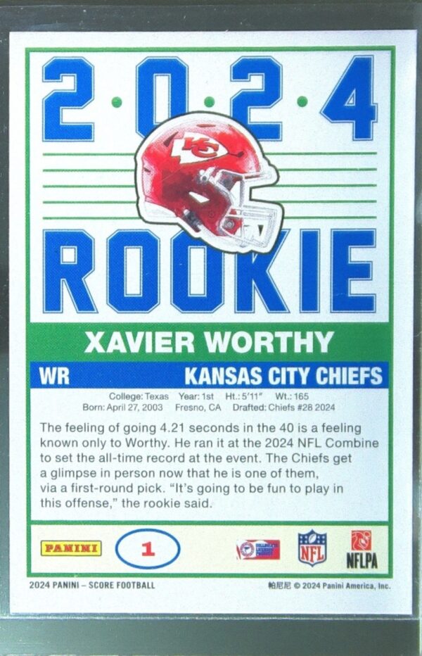 2024 Score Xavier Worthy RC #1 Chiefs 35th Anniversary Rookies - Image 3