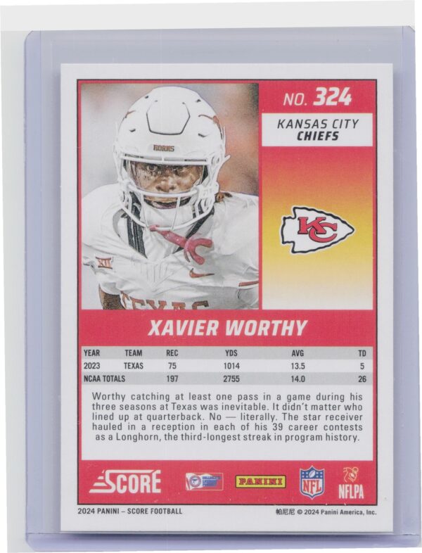 2024 Score Xavier Worthy RC #324 Chiefs - Image 3