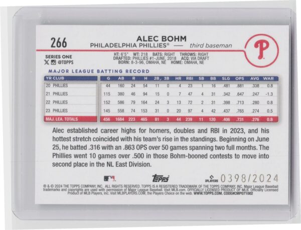 2024 Topps Alec Bohm Gold /2024 #266 Phillies - Image 3