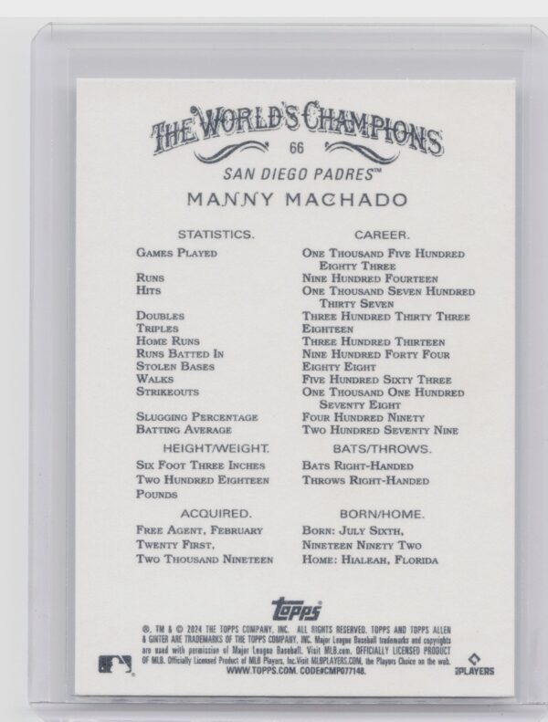 2024 Topps Allen & Ginter Manny Machado #66 Padres - Image 3
