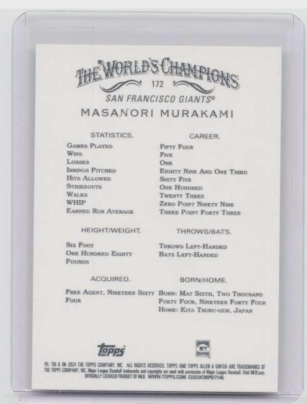 2024 Topps Allen & Ginter Masanori Murakami #172 Giants - Image 3