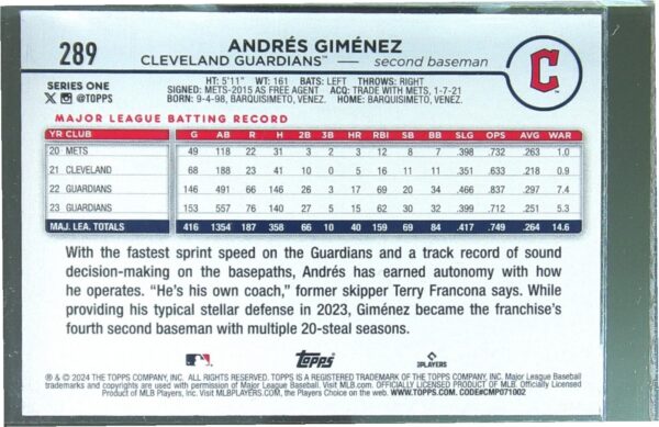 2024 Topps Andres Gimenez Rainbow Foil #289 Guardians - Image 3