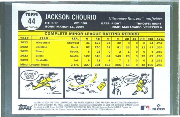 2024 Topps Archives Jackson Chourio RC #44 Brewers - Image 3