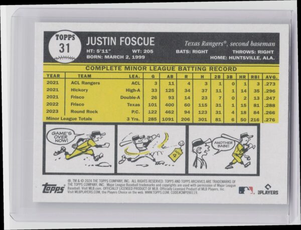 2024 Topps Archives Justin Foscue RC #31 Rangers - Image 3