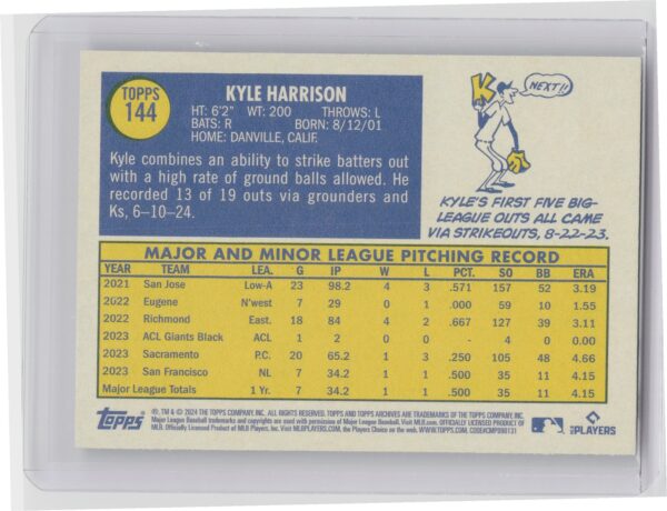 2024 Topps Archives Kyle Harrison RC #144 Giants - Image 3