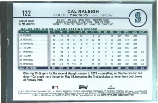 2024 Topps Cal Raleigh Royal Blue #122 Mariners - Image 3