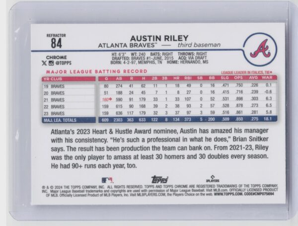 2024 Topps Chrome Austin Riley Refractors #84 Braves - Image 3