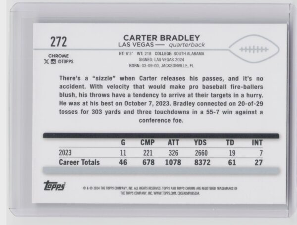 2024 Topps Chrome Carter Bradley RC 272 Raiders - Image 3