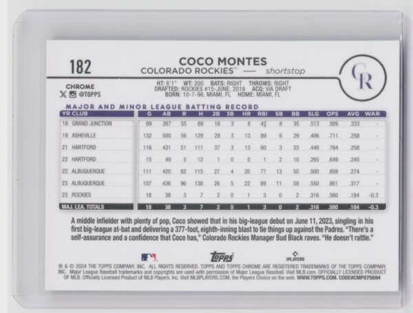 2024 Topps Chrome Coco Montes RC #182 Rockies - Image 3