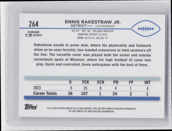 2024 Topps Chrome Ennis Rakestraw Jr. RC 264 Lions - Image 3