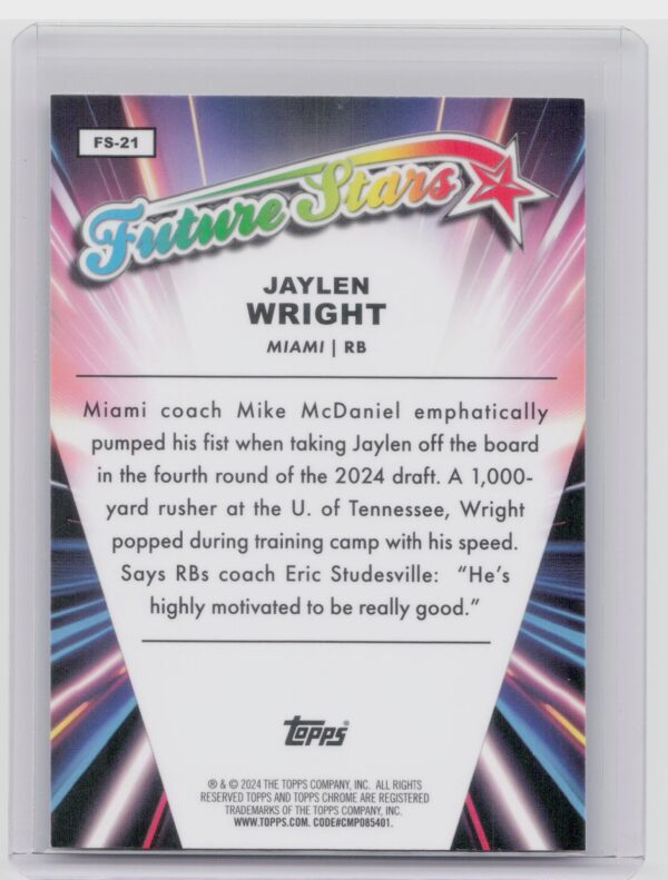 2024 Topps Chrome Jaylen Wright RC FS-21 Dolphins Future Stars - Image 3