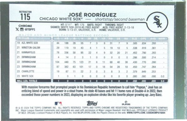 2024 Topps Chrome Jose Rodriguez Refractors RC #115 Sox - Image 3