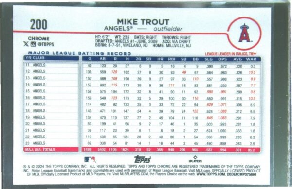 2024 Topps Chrome Mike Trout #200 Angels - Image 3