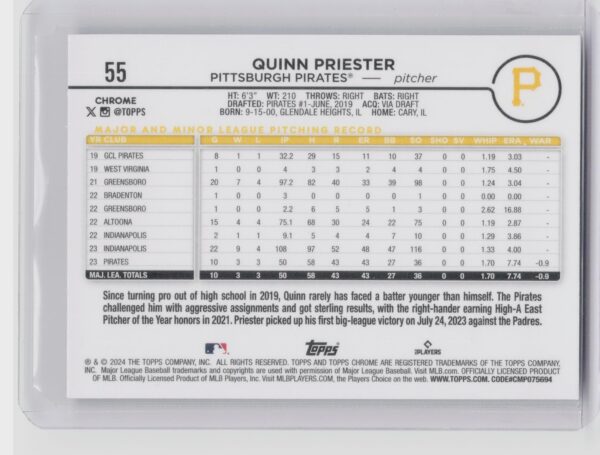 2024 Topps Chrome Quinn Priester Raywave Refractors #55 Pirates - Image 3
