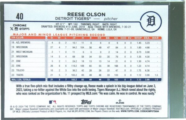 2024 Topps Chrome Reese Olson X Fractors RC #40 Tigers - Image 3