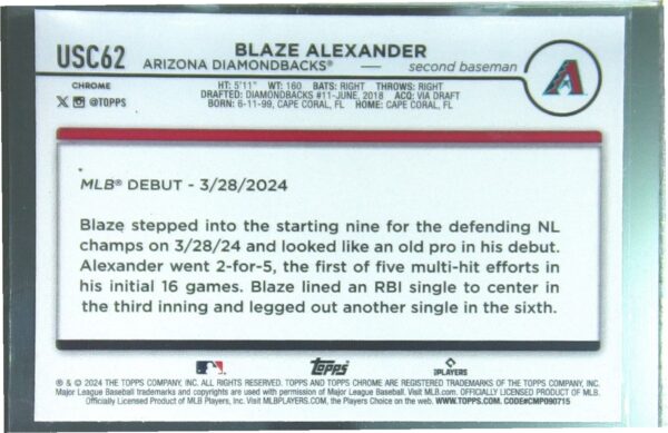 2024 Topps Chrome Update Blaze Alexander RC #USC62 Diamondbacks - Image 3