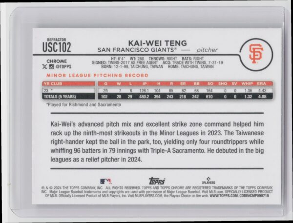 2024 Topps Chrome Update Kai-Wei Teng Prism Refractors #USC102 Giants - Image 3