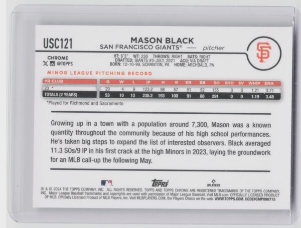 2024 Topps Chrome Update Mason Black X Fractors RC #USC121 Giants - Image 3