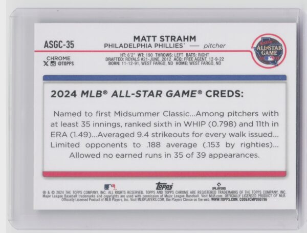 2024 Topps Chrome Update Matt Strahm #ASGC-35 Phillies 2024 All Star Game Chrome - Image 3