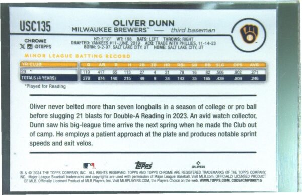 2024 Topps Chrome Update Oliver Dunn RC #USC135 Brewers - Image 3
