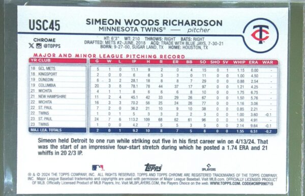 2024 Topps Chrome Update Simeon Woods Richardson X Fractors #USC45 Twins - Image 3