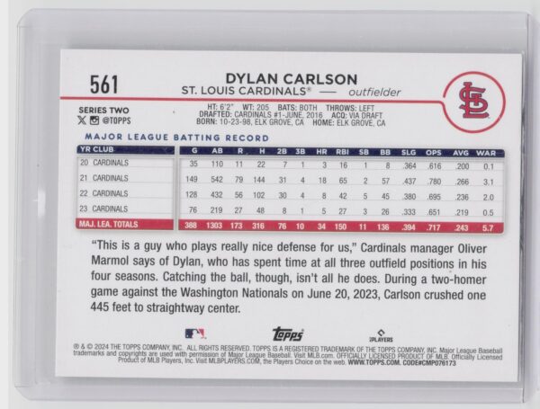 2024 Topps Dylan Carlson Rainbow Foil #561 Cardinals - Image 3