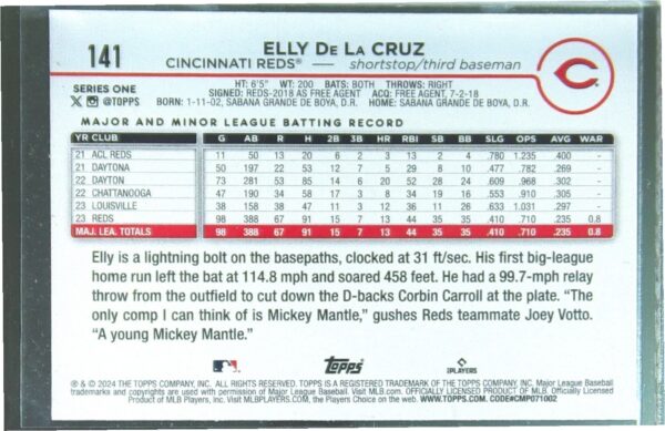 2024 Topps Elly de la Cruz RC #141 Reds - Image 3