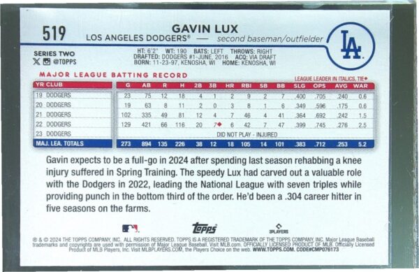2024 Topps Gavin Lux All Star Game #519 Dodgers - Image 3