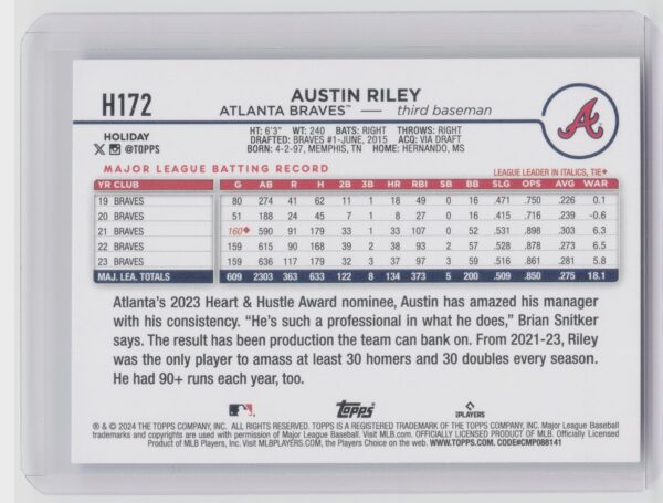 2024 Topps Holiday Austin Riley #H172 Braves - Image 3