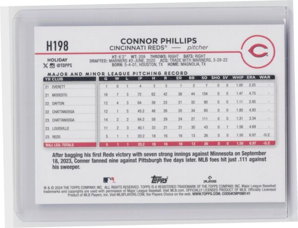 2024 Topps Holiday Connor Phillips H198 Reds - Image 3