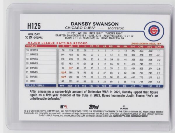 2024 Topps Holiday Dansby Swanson Holiday Tree #H125 Cubs - Image 3