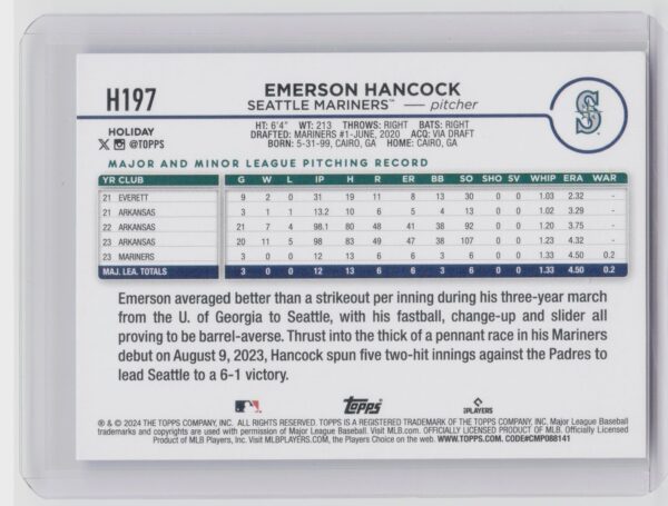2024 Topps Holiday Emerson Hancock RC #H197 Mariners - Image 3