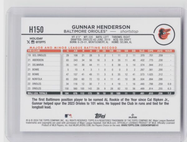 2024 Topps Holiday Gunnar Henderson #H150 Orioles - Image 3