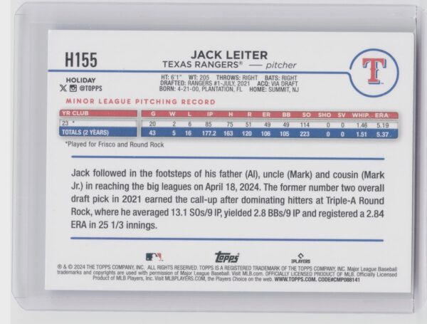 2024 Topps Holiday Jack Leiter RC #H155 Rangers - Image 3