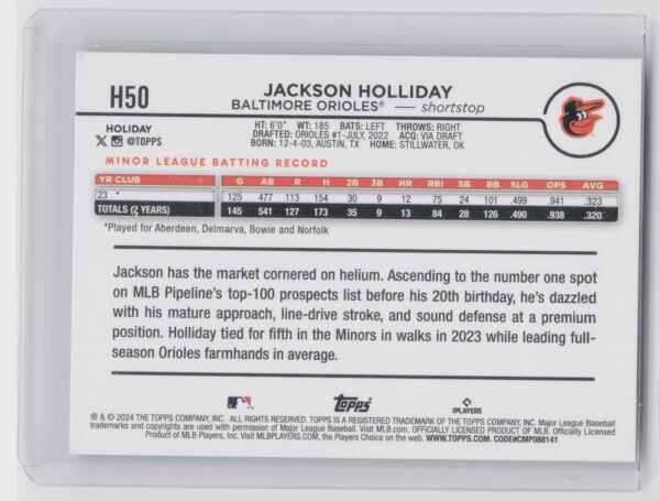 2024 Topps Holiday Jackson Holliday RC #H50 Orioles - Image 3
