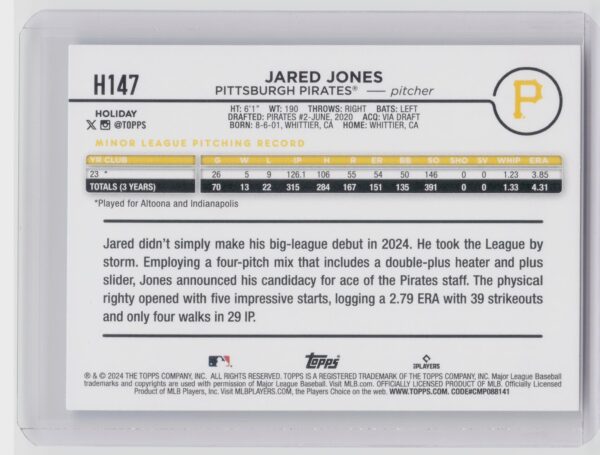 2024 Topps Holiday Jared Jones RC #H147 Pirates - Image 3