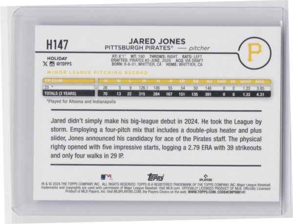 2024 Topps Holiday Jared Jones Rookie H147 Pirates - Image 3