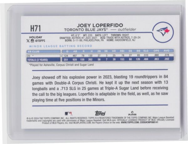 2024 Topps Holiday Joey Loperfido H71 Blue Jays - Image 3