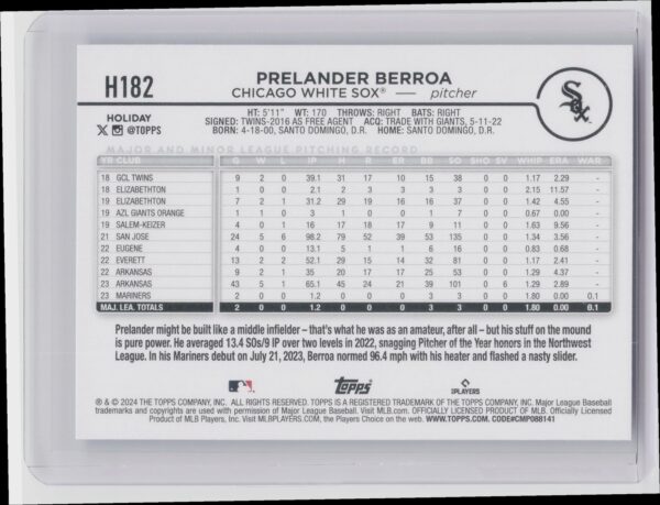 2024 Topps Holiday Prelander Berroa RC #H182 Sox - Image 3