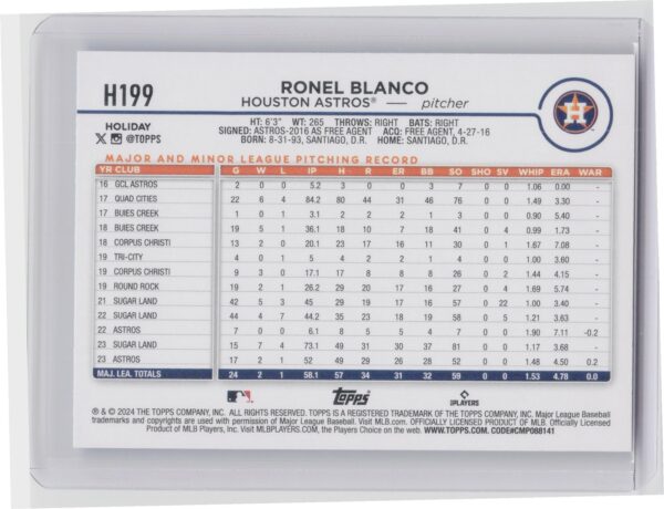 2024 Topps Holiday Ronel Blanco Rookie H199 Astros - Image 3