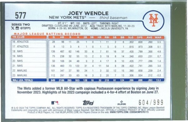 2024 Topps Joey Wendle Blue Holofoil /999 #577 Mets - Image 3