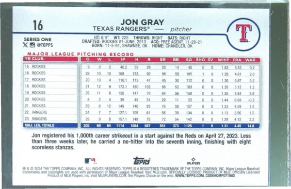 2024 Topps Jon Gray Rainbow Foil #16 Rangers - Image 3