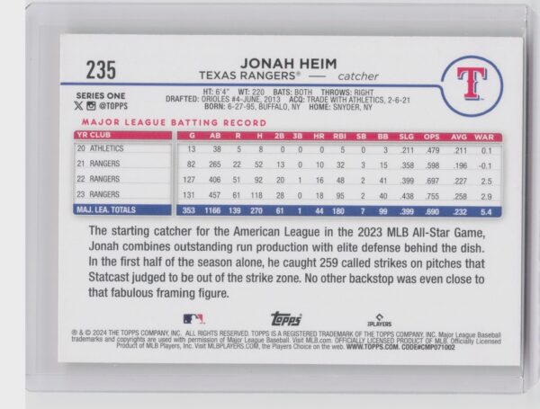 2024 Topps Jonah Heim Yellow /2024 #235 Rangers - Image 3