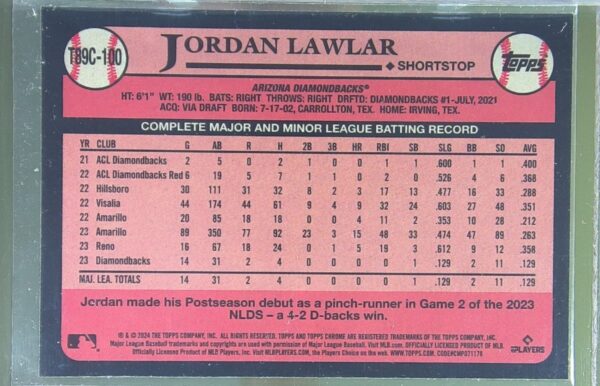 2024 Topps Jordan Lawlar RC #T89C-100 Diamondbacks 35th Topps Anniversary Chrome - Image 3